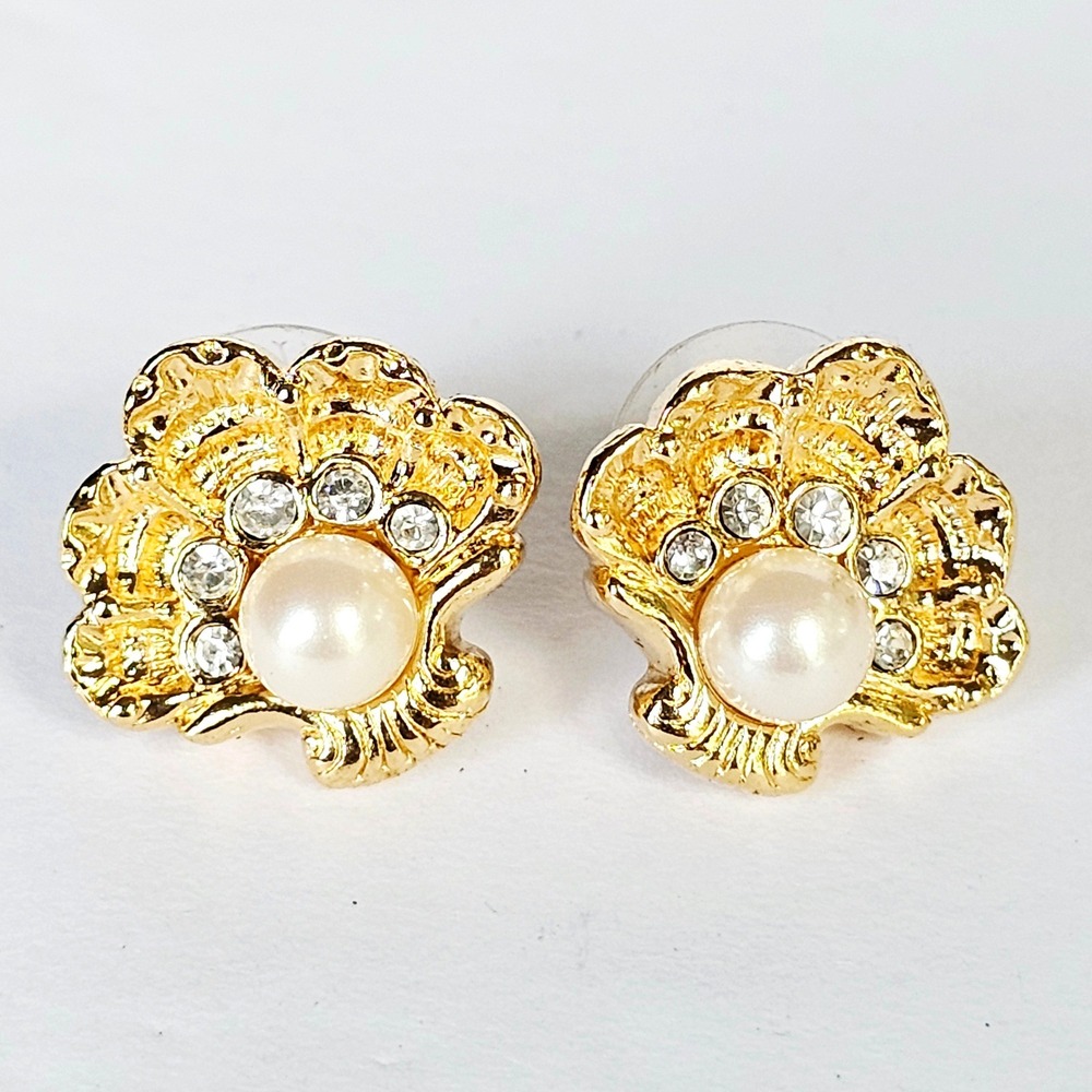 Vtg Mermaid Ocean Dreams Shell Earrings Gold Tone Faux Pearl Rhinestone Nautical